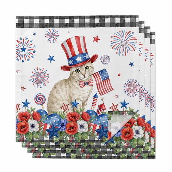 4th of July Cloth Napkins, Independence Day Patriotic Flowers American Cat Washable and Reusable Dinner Napkins Set of 4, Table Napkin for Kitchen Party Birthday Wedding Hotel Housewarming 20"x20"