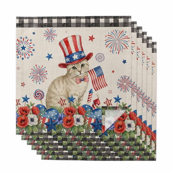 4th of July Cloth Napkins, Independence Day Patriotic Flowers Cat Beige Washable and Reusable Dinner Napkins Set of 6, Table Napkin for Kitchen Party Birthday Wedding Hotel Housewarming 20"x20"