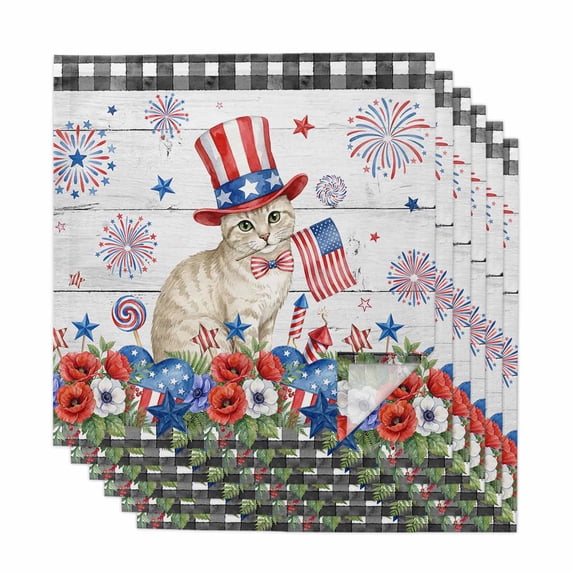 4th of July Cloth Napkins, Independence Day Patriotic Flowers Cat Grey Washable and Reusable Dinner Napkins Set of 6, Table Napkin for Kitchen Party Birthday Wedding Hotel Housewarming 20"x20"