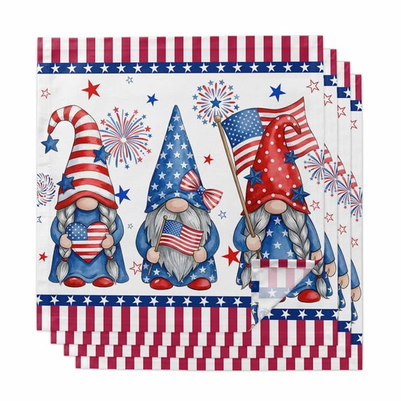 4th of July Cloth Napkins, Red Blue Gnomes Independence Day Stars Striped Washable and Reusable Dinner Napkins Set of 4, Table Napkin for Kitchen Party Birthday Wedding Hotel Housewarming 20"x20"