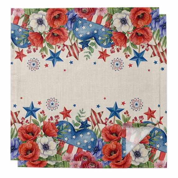 4th of July Cloth Napkins, Red Blue Independence Day Floral Star Rustic Washable and Reusable Dinner Napkins Set of 2, Table Napkin for Kitchen Party Birthday Wedding Hotel Housewarming 20"x20"