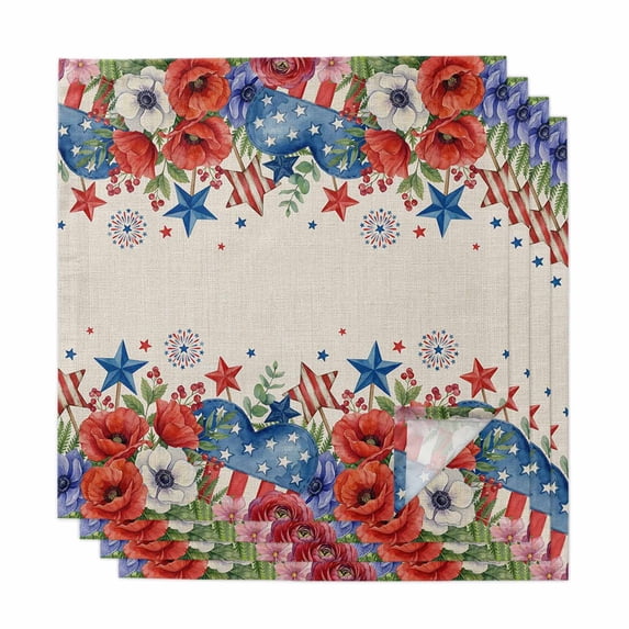 4th of July Cloth Napkins, Red Blue Independence Day Floral Star Rustic Washable and Reusable Dinner Napkins Set of 4, Table Napkin for Kitchen Party Birthday Wedding Hotel Housewarming 20"x20"