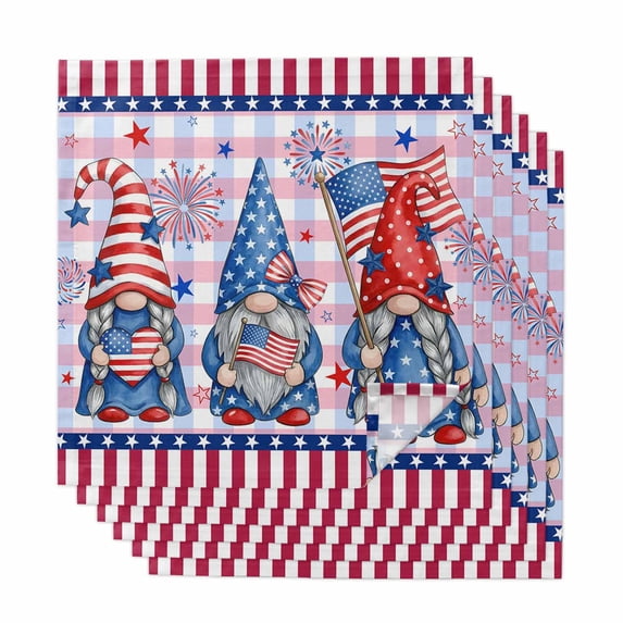 4th of July Cloth Napkins, USA Flag Gnomes Independence Day Blue Red Washable and Reusable Dinner Napkins Set of 6, Table Napkin for Kitchen Party Birthday Wedding Hotel Housewarming 20"x20"