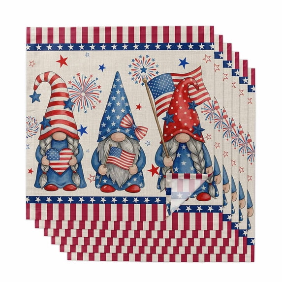 4th of July Cloth Napkins, USA Flag Gnomes Independence Day Rustic Washable and Reusable Dinner Napkins Set of 6, Table Napkin for Kitchen Party Birthday Wedding Hotel Housewarming 20"x20"