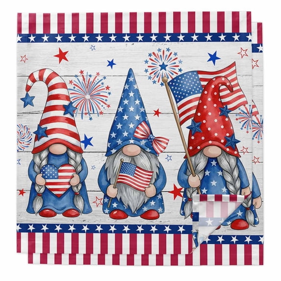 4th of July Cloth Napkins, USA Flag Independence Day Blue Red Gnomes Washable and Reusable Dinner Napkins Set of 2, Table Napkin for Kitchen Party Birthday Wedding Hotel Housewarming 20"x20"