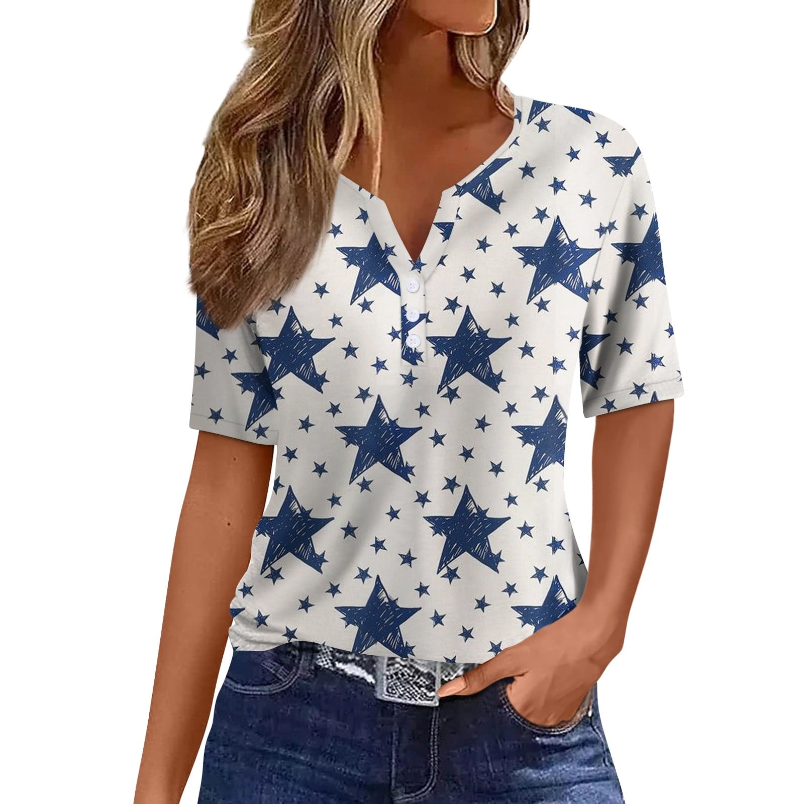 4th of July Clothes for Women Summer Loose Fit Stripe Printed Henley