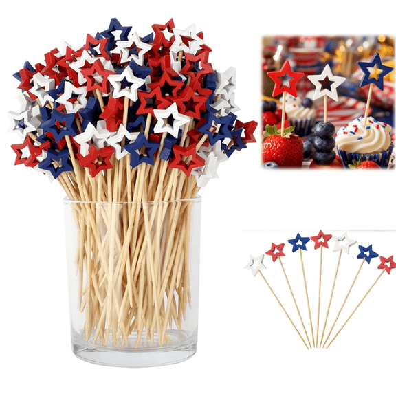4th of July Cocktail Picks, Red White Blue Star Cocktail Picks, Eco-Friendly Bamboo Sticks, Multipurpose Garnish Accessory for Cocktails and Assorted Appetizer Dishes 100PCS