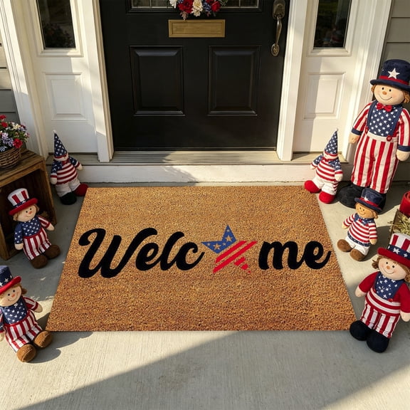 4th of July Coir Door Mat Outdoor 250 Anniversary USA Red White Blue Welcome Rug Patriotic Mat Non-Slip Independence Day Freedom Memorial Day Indoor Entrance Outside Porch Front Decor