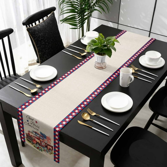 4th of July Cotton Linen Small Table Runner 13 x 48 inch Independence Day Truck Red Blue Floral Non-slip Rectangular Dining Table Decor for Wedding Party Holiday Dinner