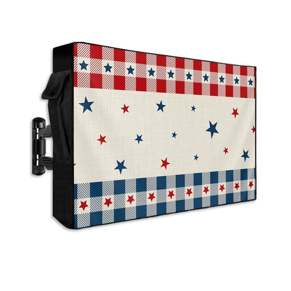 4th of July Country Star Outdoor TV Cover 48 to 50 Inch Weatherproof, Independence Day Blue Red Plaid 600D Oxford TV Covers with Waterproof Zipper, Outside Flat TV Screen Protector 48"Wx30"Hx4.5"D