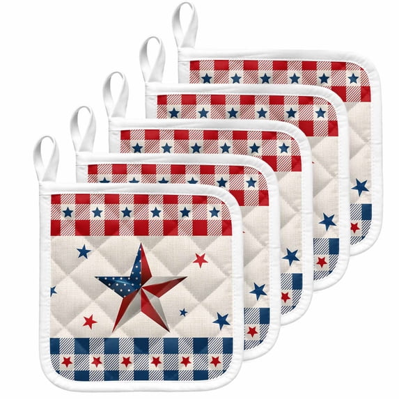 4th of July Country Star Pot Holders for Kitchen Heatproof Potholder, 5 Pack Independence Day Patriotic Red Blue Plaid Hot Pads Multipurpose Oven Pads Cloth Potholders Trivet for Cooking Baking
