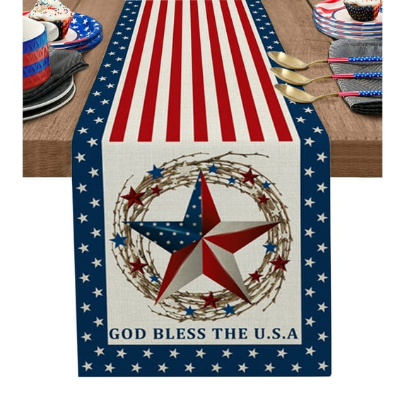 4th of July Country Star Table Runner 60 Inches, Independence Day Red Striped Bed Runner Dresser Scarves Tabletop for Indoor Outdoor Parties/Ceremony/Banquet, 13" x 60"