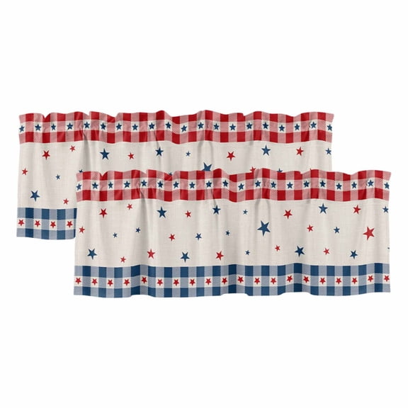 4th of July Country Star Valances for Windows, Independence Day Blue Red Plaid Light Filtering Kitchen Curtains, Rod Pocket Window Valance Curtains for Living Room Bedroom, 42" W x 12" L, 2 Panels