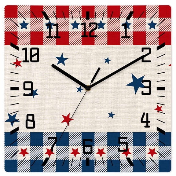 4th of July Country Star Wooden Wall Clock Silent Non Ticking, Independence Day Blue Red Plaid Square Wall Clocks Battery Operated, Decor Clock for Home Office, Living Room, Kitchen, 10 Inch