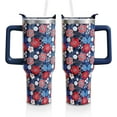 thumbnail image 1 of 4th of July Cup Gifts for Women Men，Patriotic 40oz Tumbler with Handle and Straw, Red White and Navy Floral Stainless Steel Insulated Water Bottle (1 PC), 1 of 5