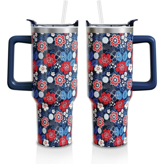 4th of July Cup Gifts for Women Men，Patriotic 40oz Tumbler with Handle and Straw, Red White and Navy Floral Stainless Steel Insulated Water Bottle (1 PC)