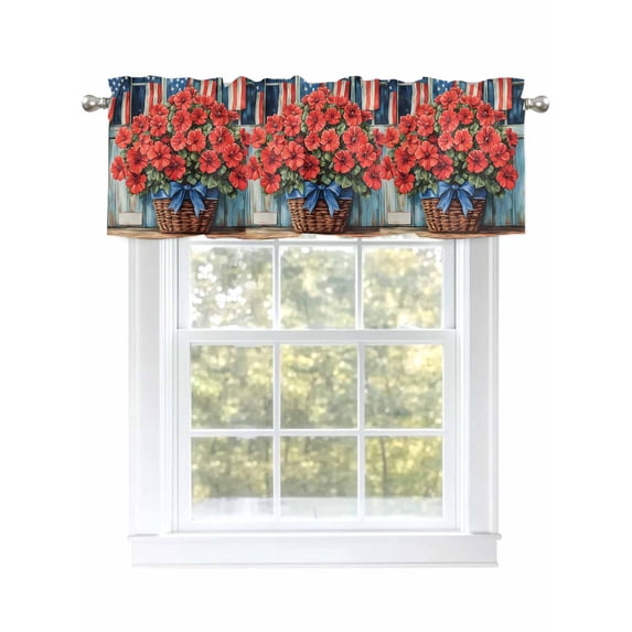 4th of July Curtain Valances for Windows, Patriotic Red Poppy Flowers American Flag Kitchen Valance Window Treatment, Light Filtering Block Curtains for Bathroom/Bedroom/Living Room 60'' x 18''