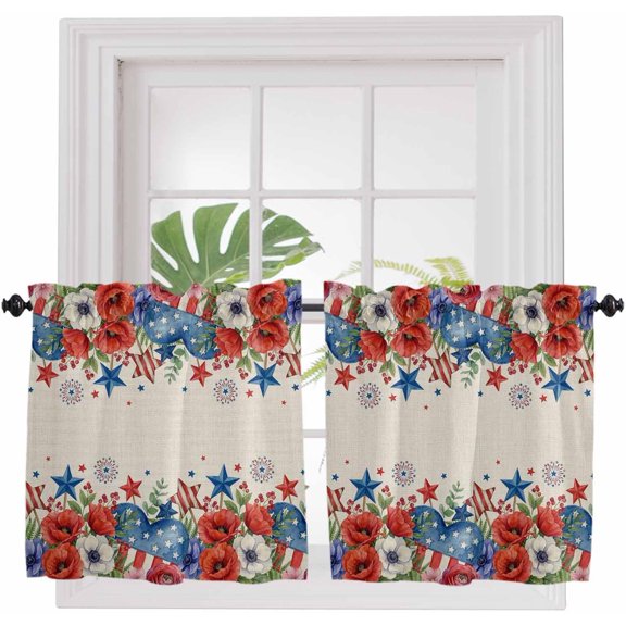 4th of July Curtains 24 Inch Length 2 Panels, Small Window Curtains, Red Blue Independence Day Floral Star Rustic Window Treatments Light Filtering Half Rod Pocket Privacy Curtain Tiers 27.5"x24"