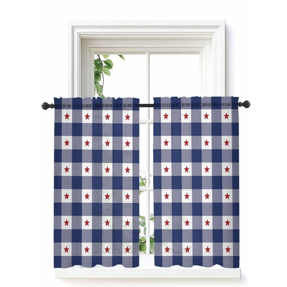 4th of July Curtains 45 Inch Length,Sheer Curtains for Bedroom Living Room Window Independence Day Blue White Plaid Red Star Rod Pocket Drapes Kitchen Curtains Small Half Window 52"x45" 2 Panels