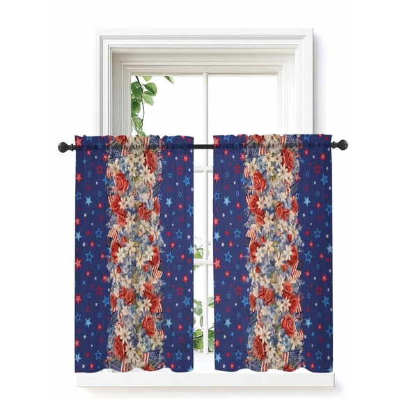 4th of July Curtains 54 Inch Length, Sheer Curtains for Bedroom Living Room Window Blue Red Star Flowers Botanical Rustic Rod Pocket Voile Drapes Kitchen Curtains Small Half Window 52"x54" 2 Panels