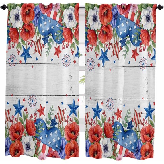 4th of July Curtains for Bedroom 63 Inches Long 2 Panels, Red Blue Independence Day Floral Star Vintage Window Treatments Light Filtering Drapes with Rod Pocket for Bathroom Laundry 42"x63"