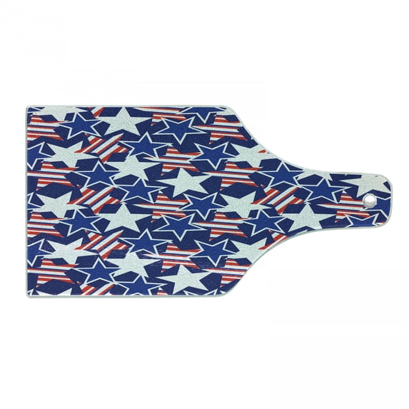 4th of July Cutting Board, Stars and Stripes of Liberty and Freedom American Theme Pattern, Tempered Glass Cutting and Serving Board, Wine Bottle Shape, Royal Blue White and Red, by Ambesonne
