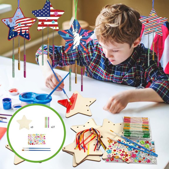 4th of July DIY Wind Chime Kit for Kids, Wooden Star Wind Chimes with , Stickers and Strings, Patriotic Red White Blue Independence Day Party Craft Decoration