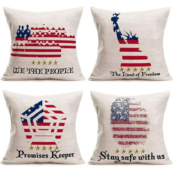 4th of July Decor America Flag Outdoor Pillow Covers 18x18 Set of 4 Blue Red Stars Stripes Patriotic Quotes Independence Day Home Decorations Throw Pillow Covers for Sofa Couch, Cotton Linen