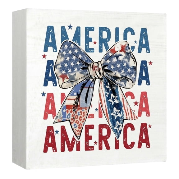 4th of July Decor, American Flag Bow Patriotic Decor July 4th Box Sign Independence Day Patriotic Labor Day 5x5 Inch,Box Wood Plaques Desk Décor, American Flag Wooden Sign