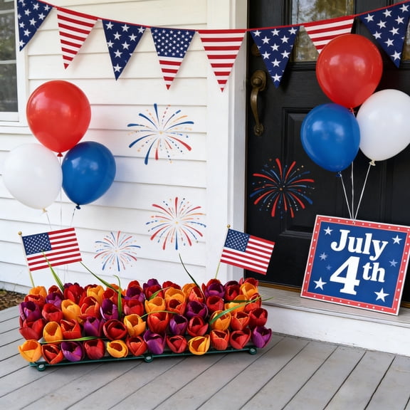 4th Of July Decor, Multicolor Plastic Artificial Patriotic Flower Row for Indoor/Outdoor Party, Home Garden, Wall Decoration, Versatile Holiday Display, July 4th Decorations