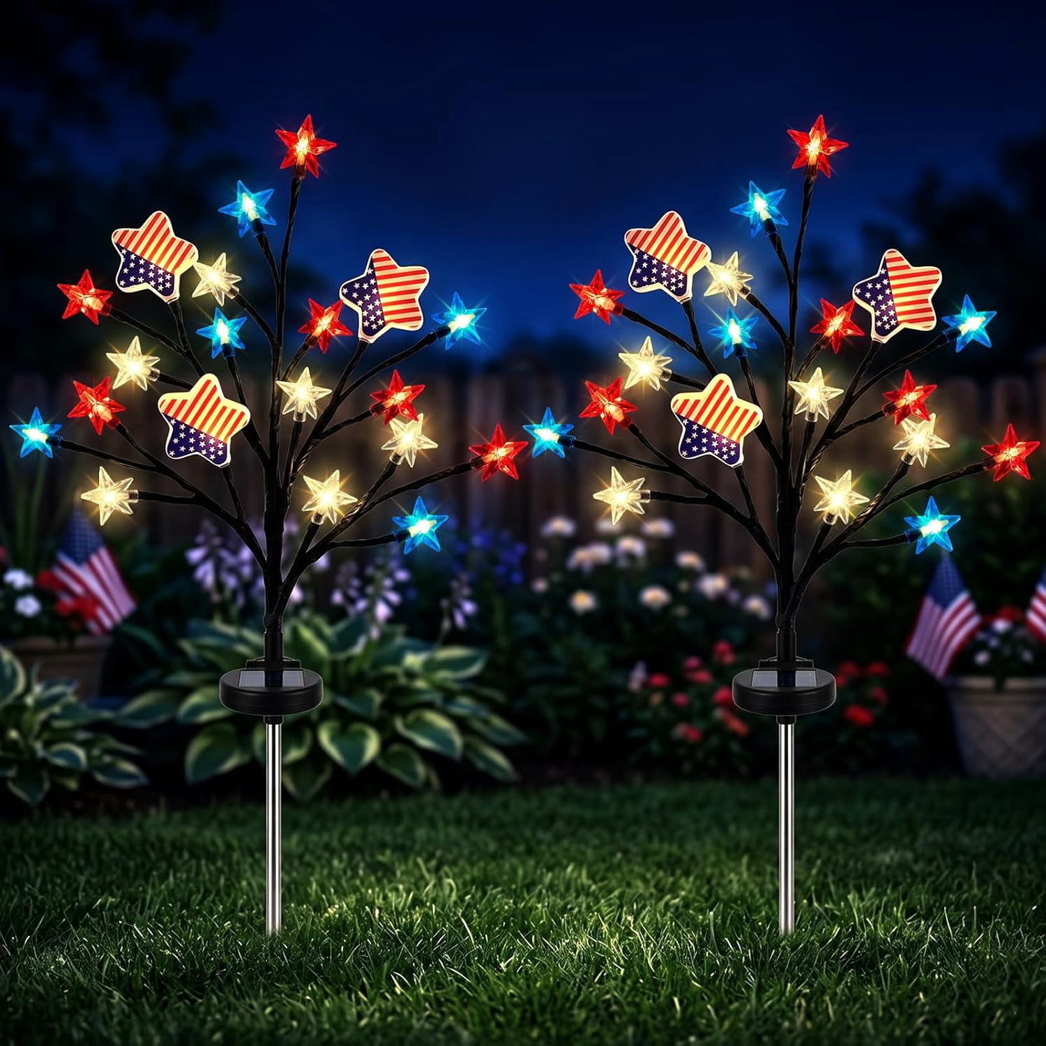 4th of July Decor Outdoor, 2 Pack Red White Blue Star Solar Garden Lights with 8 Modes, Twinkle Star Tree Lights Pathway Lights Outdoor Waterproof, Patriotic Lights for Independence Day Memorial Day