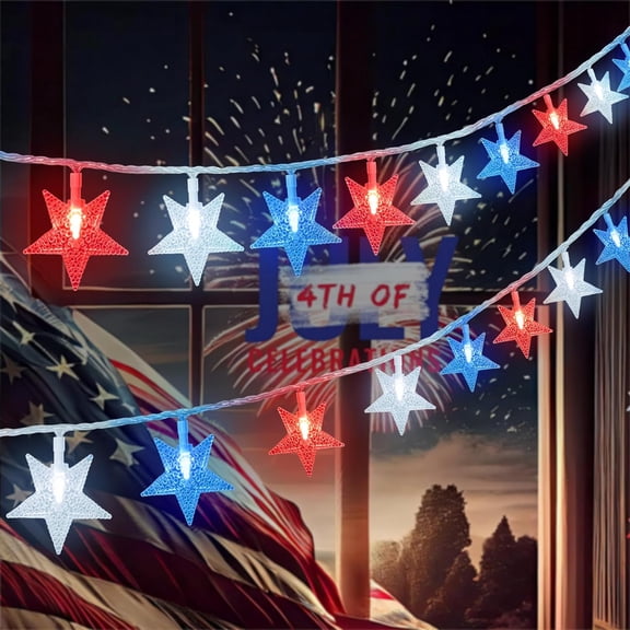 4th of July Decor Red White Blue Stars String Lights, 15 FT 30 LED Fairy Lights Battery Operated Indoor&Outdoor Star Lights for Independence Day President Day Memorial Day