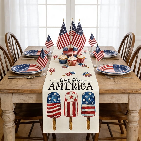 4th of July Decoration, Independence Day Patriotic Flag Banner Memorial Day Decor, Patriotic 4th of July Table Runner, 72"x13" Linen Blend, Independence Day Holiday Decor for Dining Table