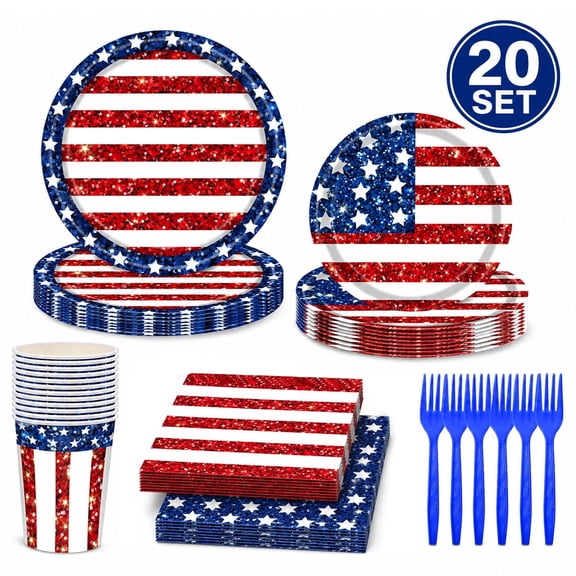 4th of July Decoration Patriotic American Flag Tableware Party Supplies Disposable Paper Plates Napkins for Independence Day Memorial Day Serves 20 (Style 1)