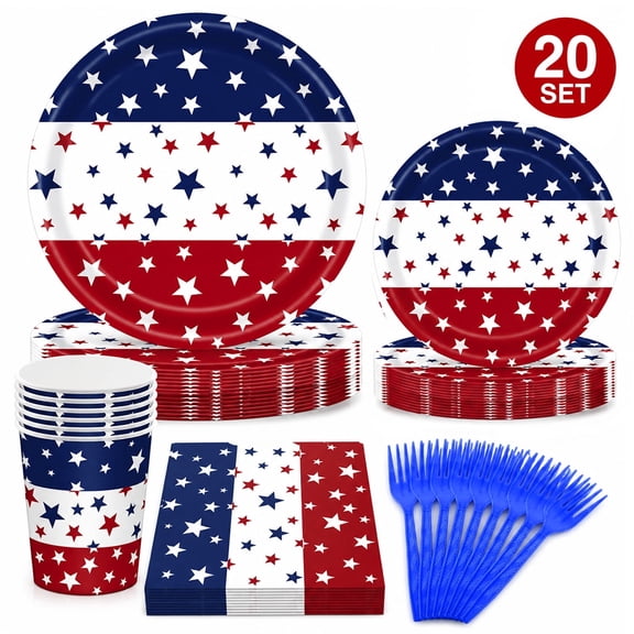 4th of July Decoration Patriotic American Flag Tableware Party Supplies Disposable Paper Plates Napkins for Independence Day Memorial Day Serves 20 (Style 3)