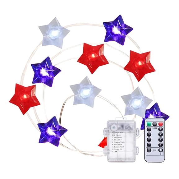 4th of July Decoration Red White Blue Stars String Lights 9.8Ft 30LEDs Patriotic Star Fairy Light with Remote Control for Independence Day Indoor Outdoor Home Wall Party Decor