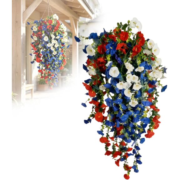 4th of July Decoration Tricolor Patriotic Artificial Flower, Memorial Day Fake Garden Flowers, Red White and Blue Artificial Hanging Flowers for Home Patio Outdoor Decor (Multicolor-1pc)