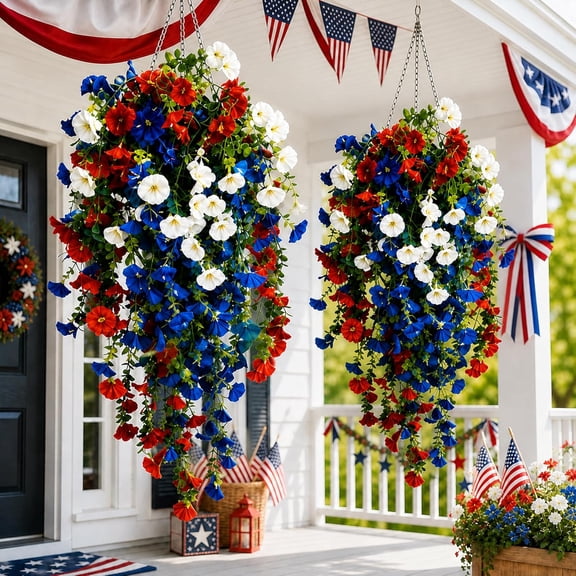 4th of July Decoration Tricolor Patriotic Artificial Flower, Red White Blue Artificial Morning Glory Vines, Full Cascading Fake Flowers Plants for Outdoor Porch, Memorial Day, 250th Decor (2Pcs)