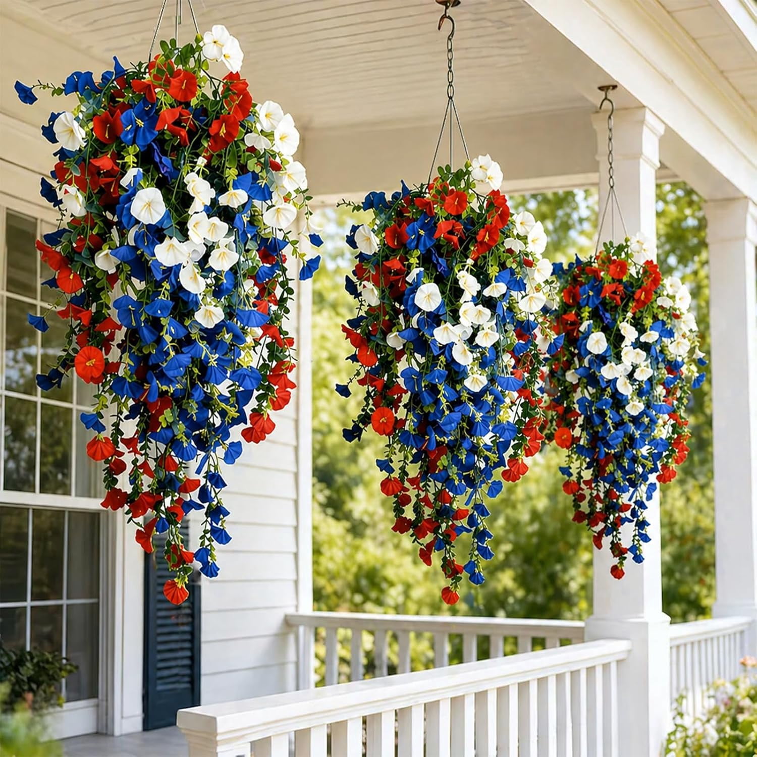 4th Of July Decoration Tricolor Patriotic Artificial Flower - Red White Blue UV Resistant Realistic Artificial Fake Hanging Silk Flowers for Memorial Day Independence Day (1Pc Without LED lights)