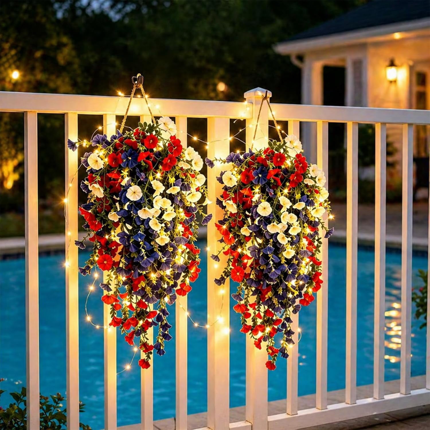 4th Of July Decoration Tricolor Patriotic Artificial Flower - Red White Blue UV Resistant Realistic Artificial Fake Hanging Silk Flowers for Memorial Day Independence Day (2Pcs With Solar LED lights)