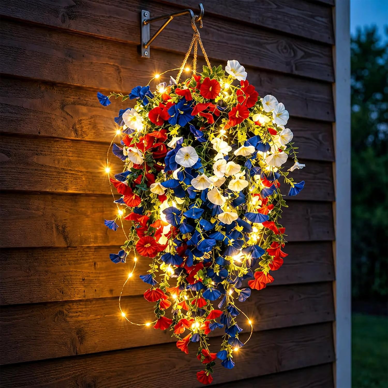 4th Of July Decoration Tricolor Patriotic Artificial Flower - Red White Blue UV Resistant Realistic Artificial Fake Hanging Silk Flowers for Memorial Day Independence Day (1Pc With Solar LED lights)