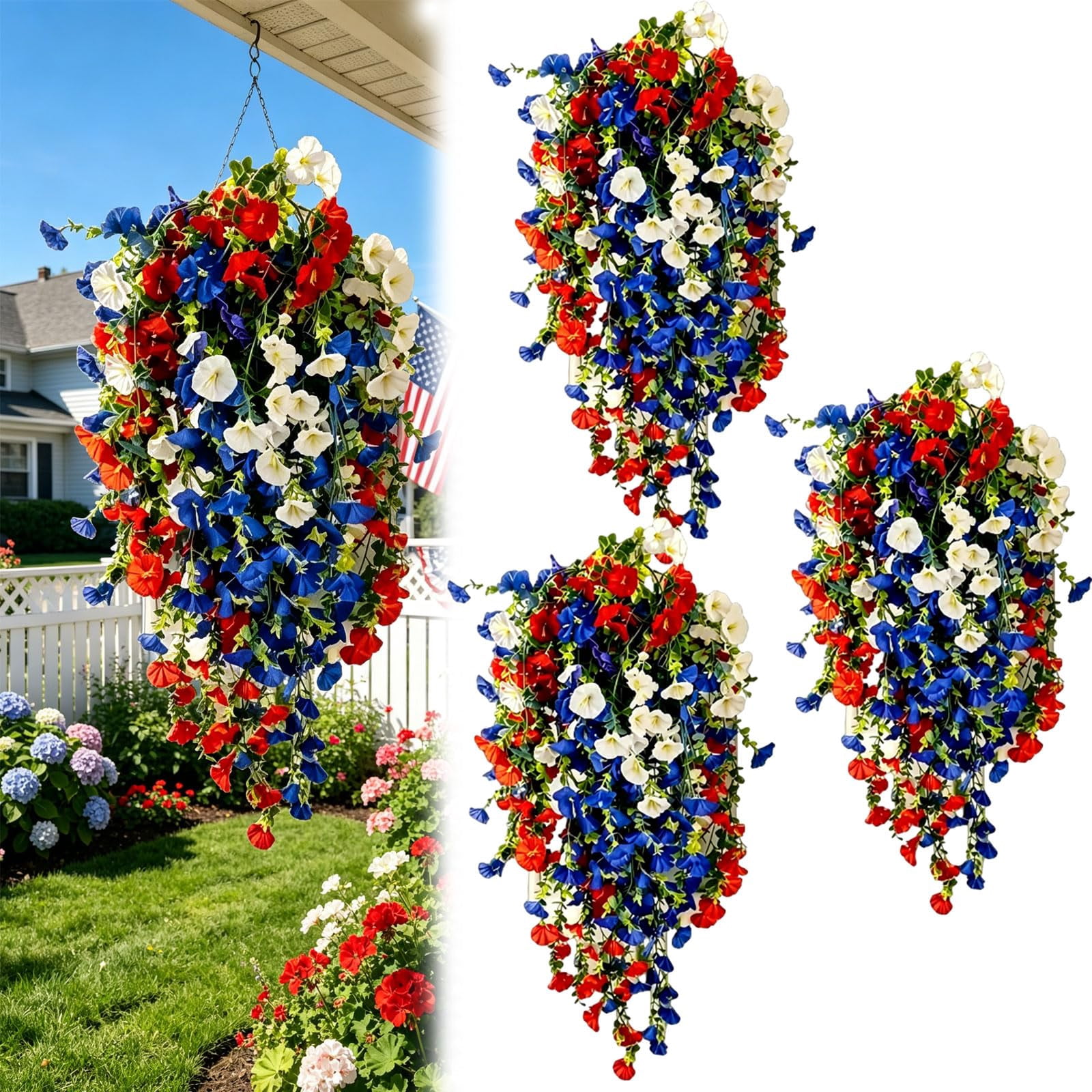 4th of July Decoration Tricolor Patriotic Artificial Flower, red White and Blue Artificial Flowers, Patriotic Fake Flowers for Outdoor Decor, Patio, Garden