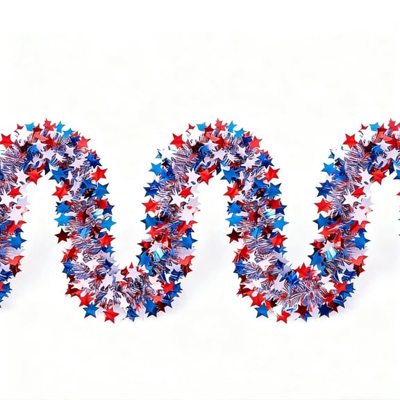 4th of July Decorations - 19.6 ft Patriotic Glitter Tinsel Garland – Red White and Blue Ribbon Metallic Star Garland for Golf Cart Decorations, Parade Car Bike Fourth of July Decor