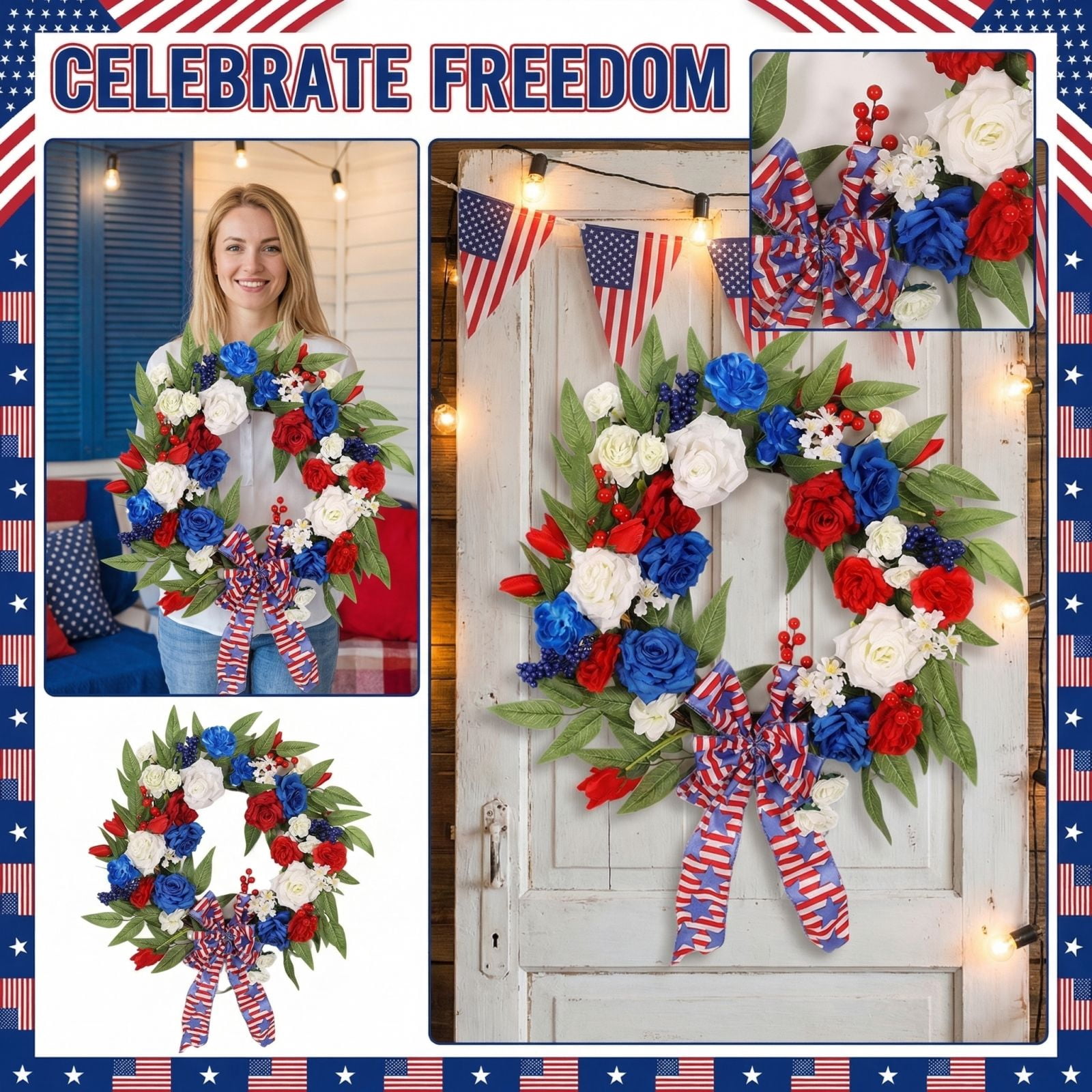 4th of July Decorations 23.6 inch US Flag Rose Wreath Front Door ...