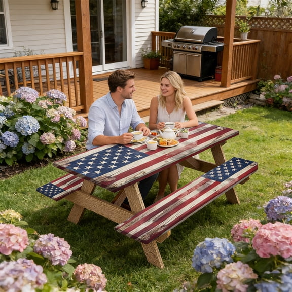 4th of July Decorations, 2PCS Patriotic Flag Table Cover Set Waterproof Windproof Wood Grain Fitted Tablecloth 72x30 Inch For Outdoor Camping Patio Party Decor 4th of July Star Spangled Decor