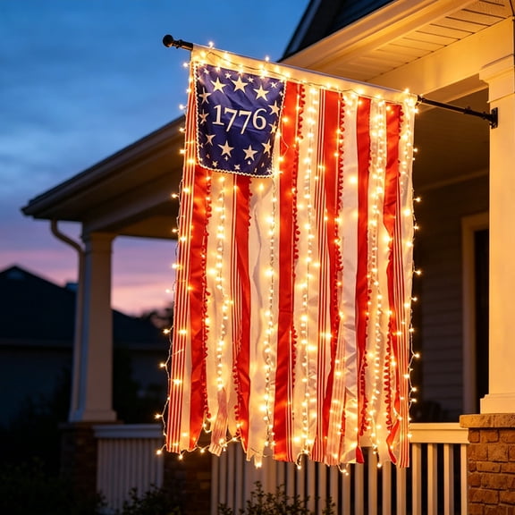 4th of July Decorations, 4.2 x 2.3 Ft Vintage American Flag Rustic Rag Ribbon Flag Banner, Patriotic Flag Independence Day Decor for Home Outside Garden Yard Porch