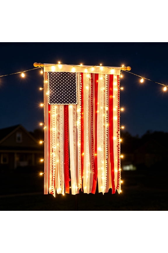 4th of July Decorations , 4 x 2.3 Ft LED Rag American Flag Banner , IP44 Waterproof Outdoor Indoor 4th of July Decorations String Lights for Memorial Day Yard Garden Festival Holiday Party