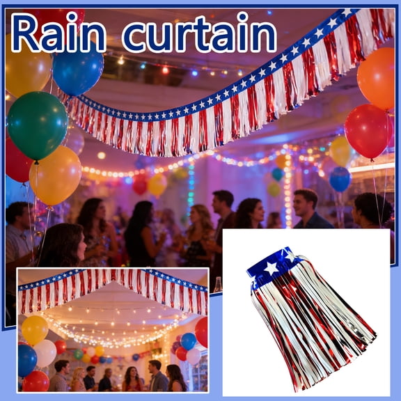4th of July Decorations 9.84Ft*11.8 in Foil Fringe Garland Tinsel Streamers, Red White and Blue Star Metallic Hanging Backdrop Banner Table Skirts for Parade Floats Memorial Day Patriotic Party