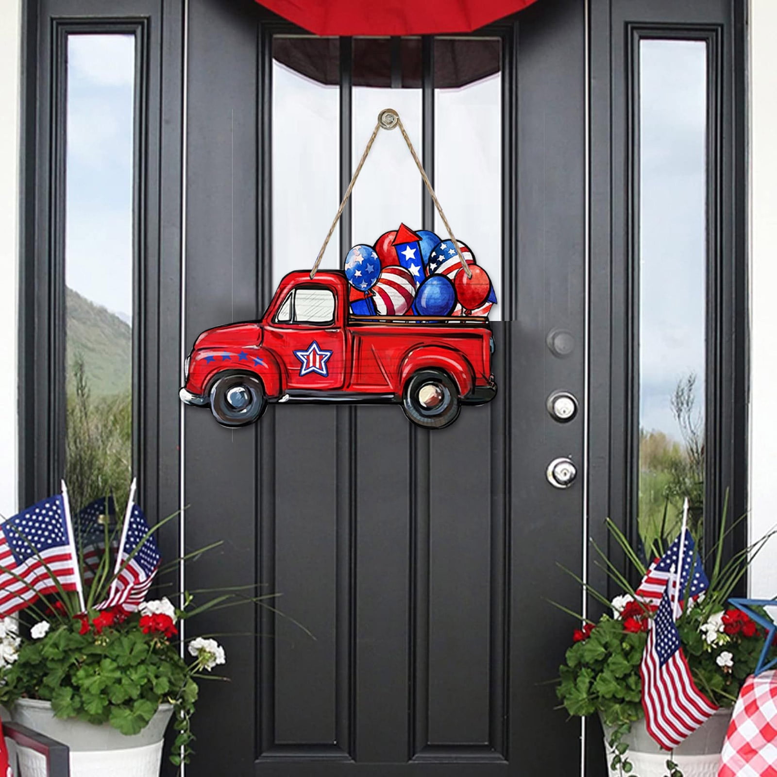 4th of July Decorations for Front Door Hanger Wooden, 10Inch