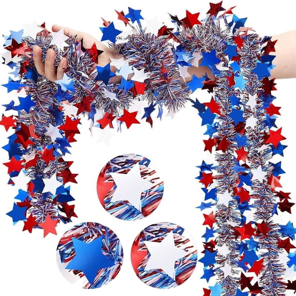 4th of July Decorations Garland, 79in Glitter Tinsel Patriotic Decor for Tree Car Table Yard Door Boat Indoor Outdoor Holiday Home, Independence Day, Blue White Red Stars, 250 Anniversary USA Decor